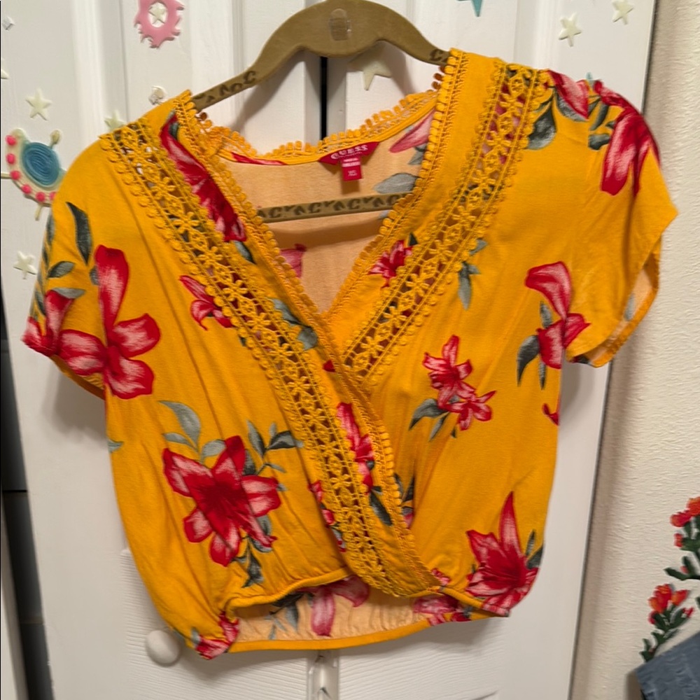 Guess Yellow Wrap Cropped Blouse